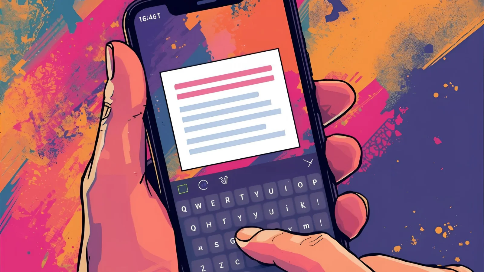 Hands typing Instagram caption on a mobile phone, showing line breaks