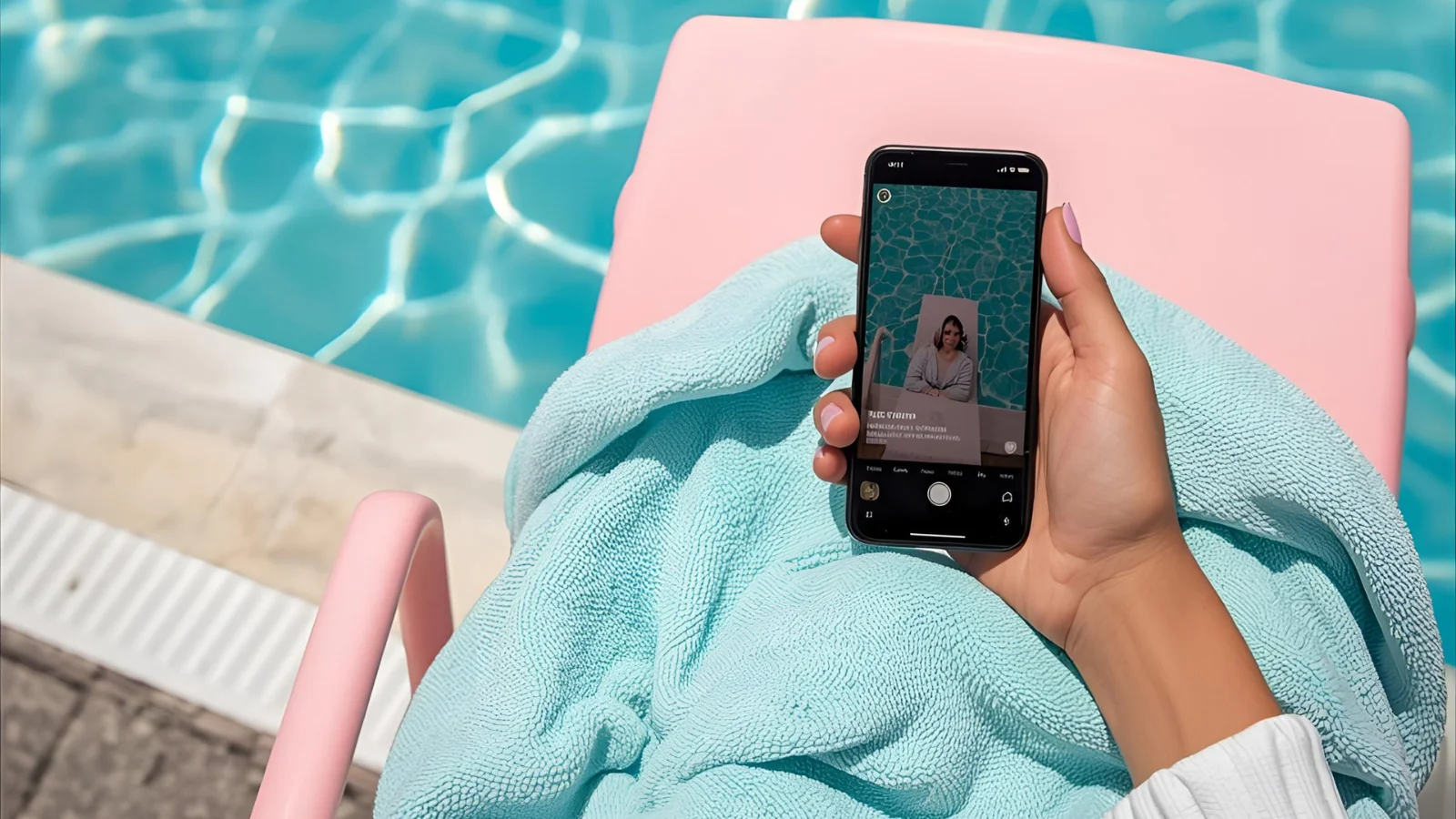 Poolside lounge chair beside shimmering water, summertime mood, Instagram-ready vibe